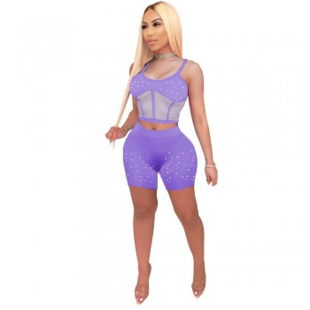 Corset Tracksuit 2 Pieces Shorts Sets with Rhinestones Women Patchwork Mesh Crop Top and Biker Shorts